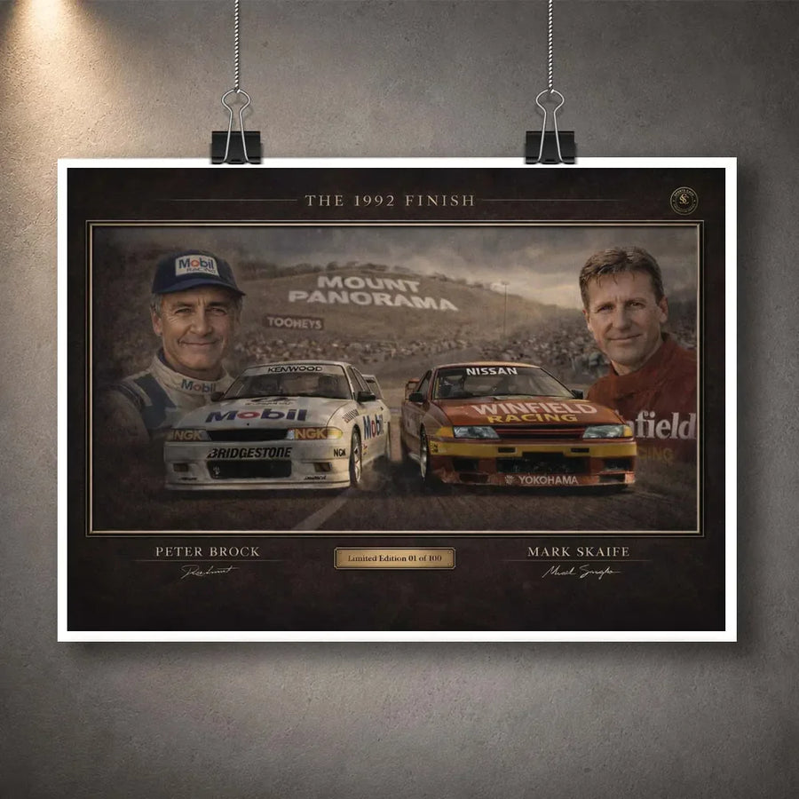 Unframed The 1992 Finish Bathurst sports poster Australia design celebrating Brock, Skaife and 1992 racing lore.