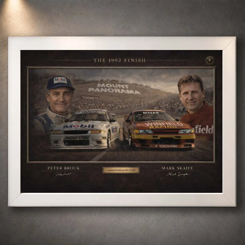 White framed The 1992 Finish Bathurst wall art honouring Brock, Skaife and the Mount Panorama racing era for collectors.
