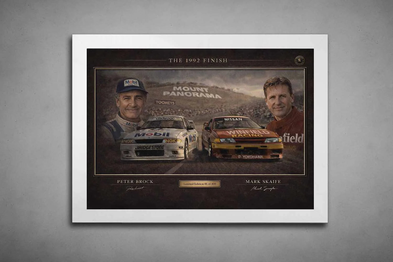 The 1992 Finish white framed sports wall art showcasing Brock and Skaife’s 1992 Bathurst rivalry scene.
