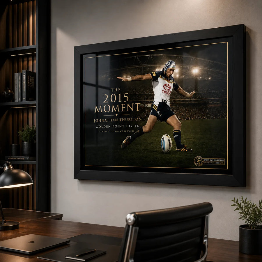 Jonathan Thurston wall art in a modern office, showing the black framed 2015 golden-point collector design above a desk.