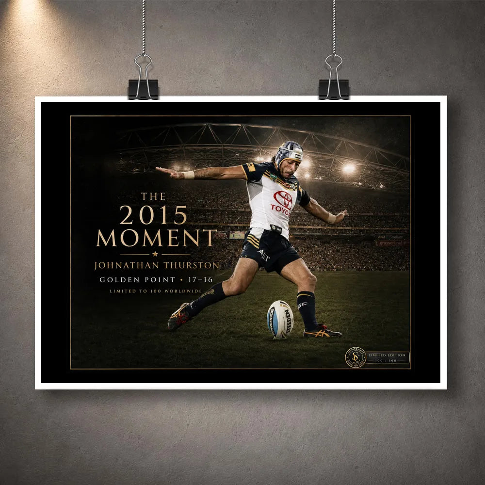Unframed Jonathan Thurston rugby league wall art design featuring The 2015 Moment golden-point kick under stadium lights.