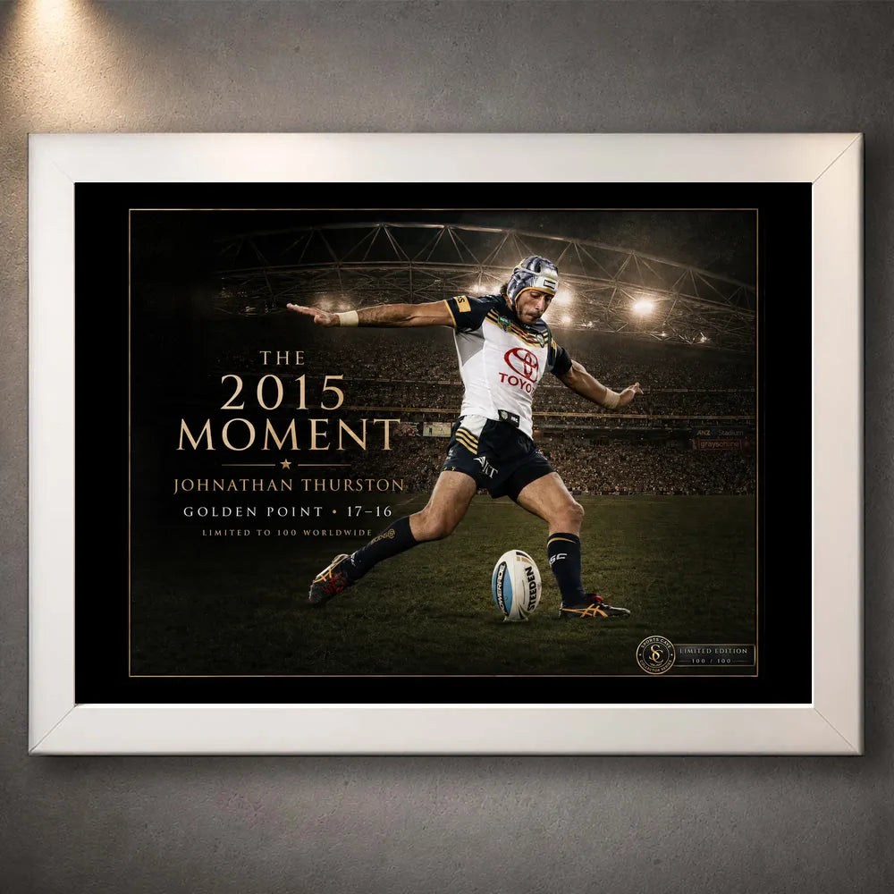White framed Jonathan Thurston rugby league wall art featuring The 2015 Moment stadium scene and golden-point kick.
