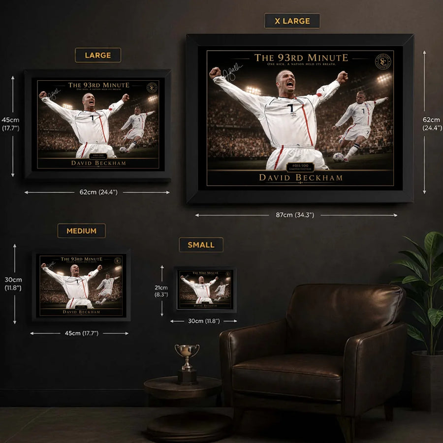 David Beckham framed wall art size guide showing small, medium, large and extra large options.