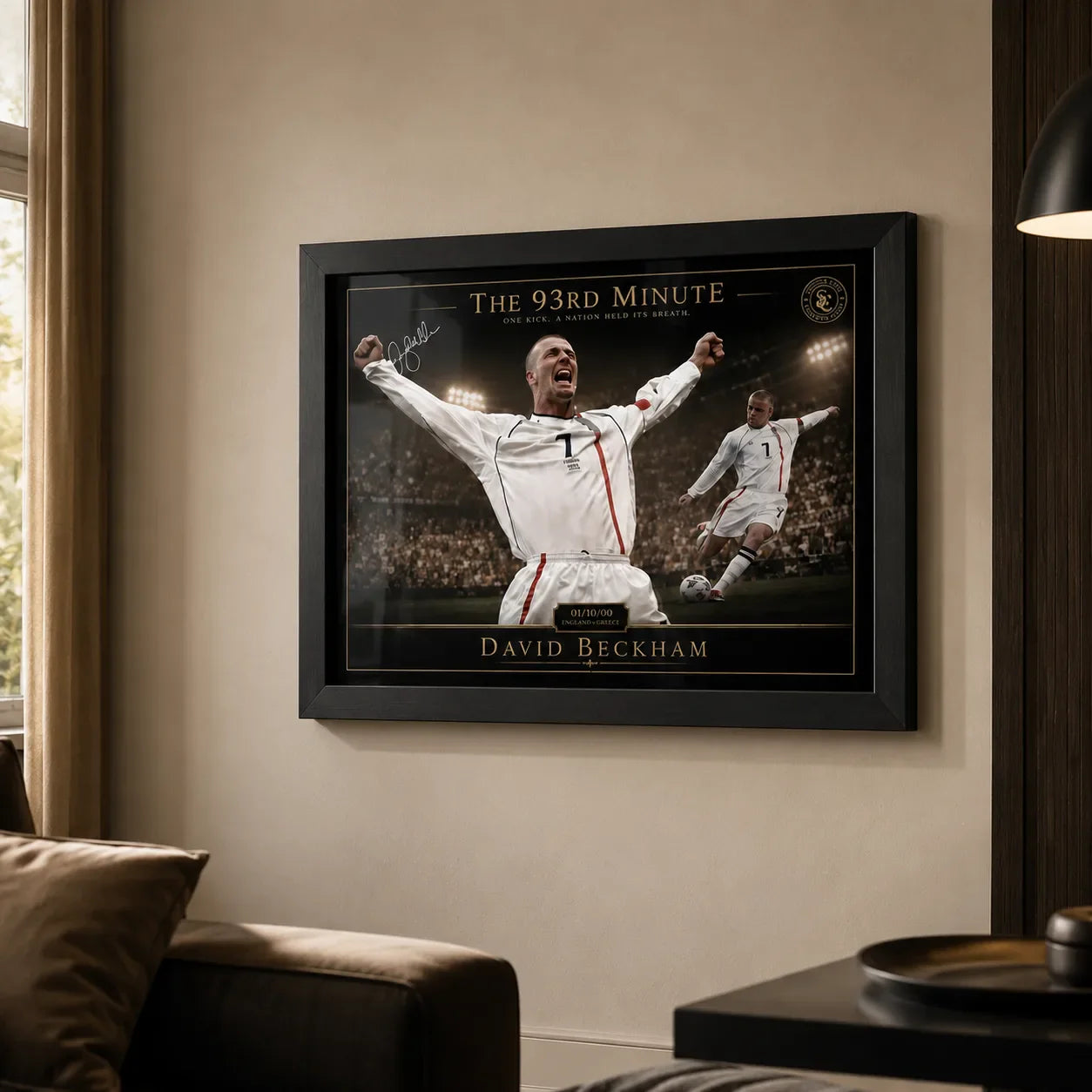 David Beckham framed sports art displayed in a warm premium living room with soft window light.