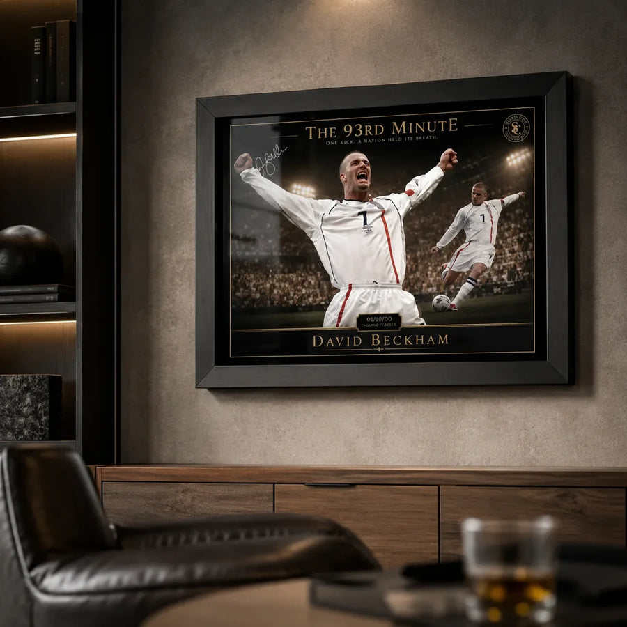 David Beckham soccer wall art in a black frame, styled inside a dark premium man cave setting.