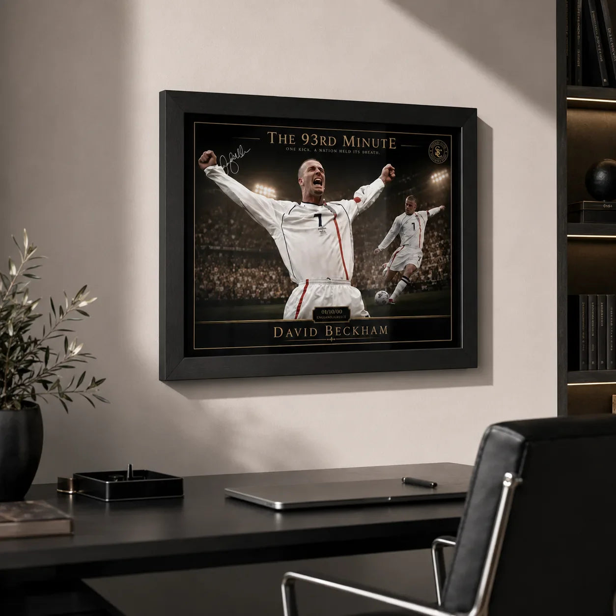 David Beckham framed soccer artwork shown above a clean office desk in a refined black frame.