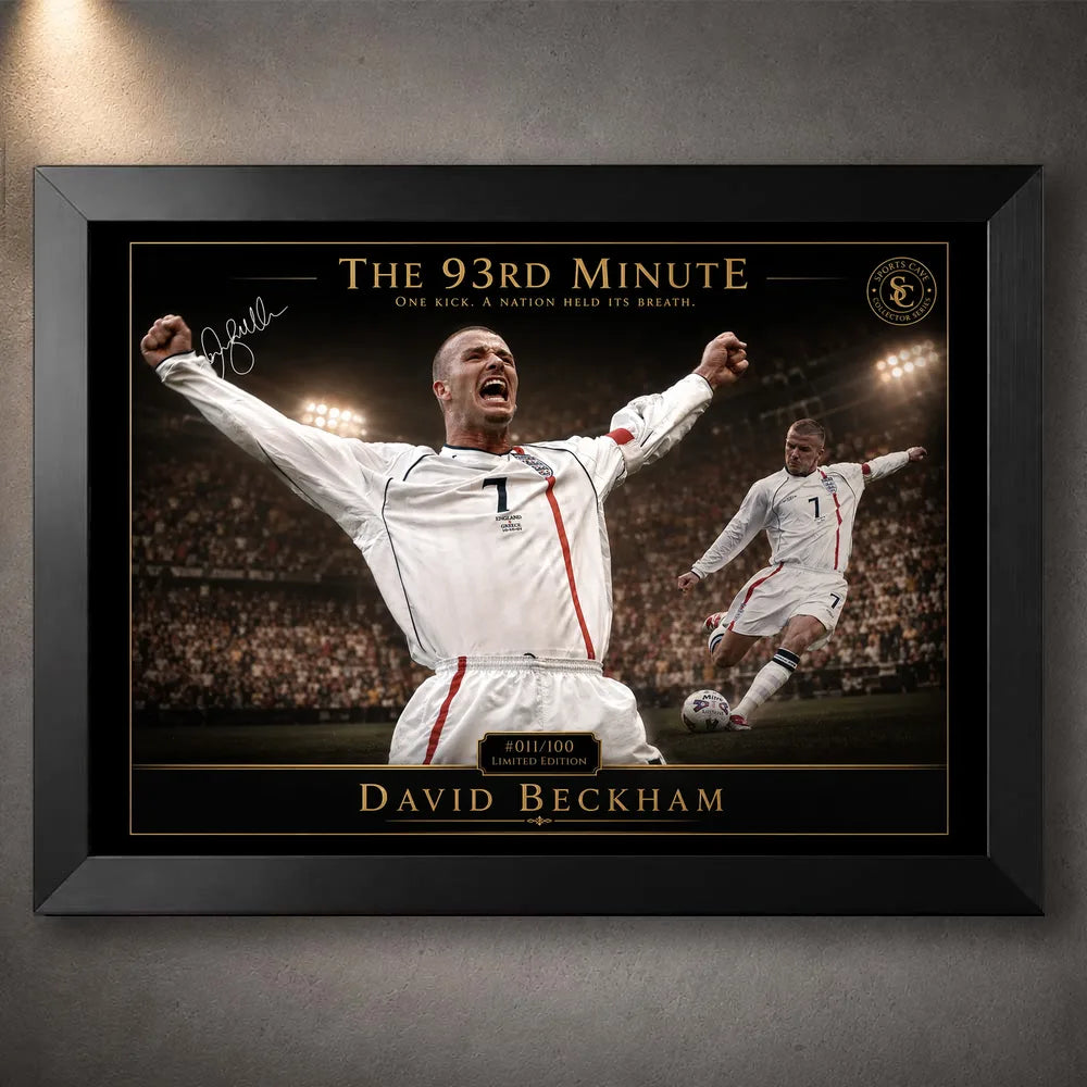 David Beckham 93rd Minute soccer wall art in a black frame, featuring his iconic England free-kick moment.