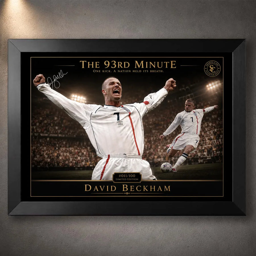 David Beckham 93rd Minute soccer wall art in a black frame, featuring his iconic England free-kick moment.