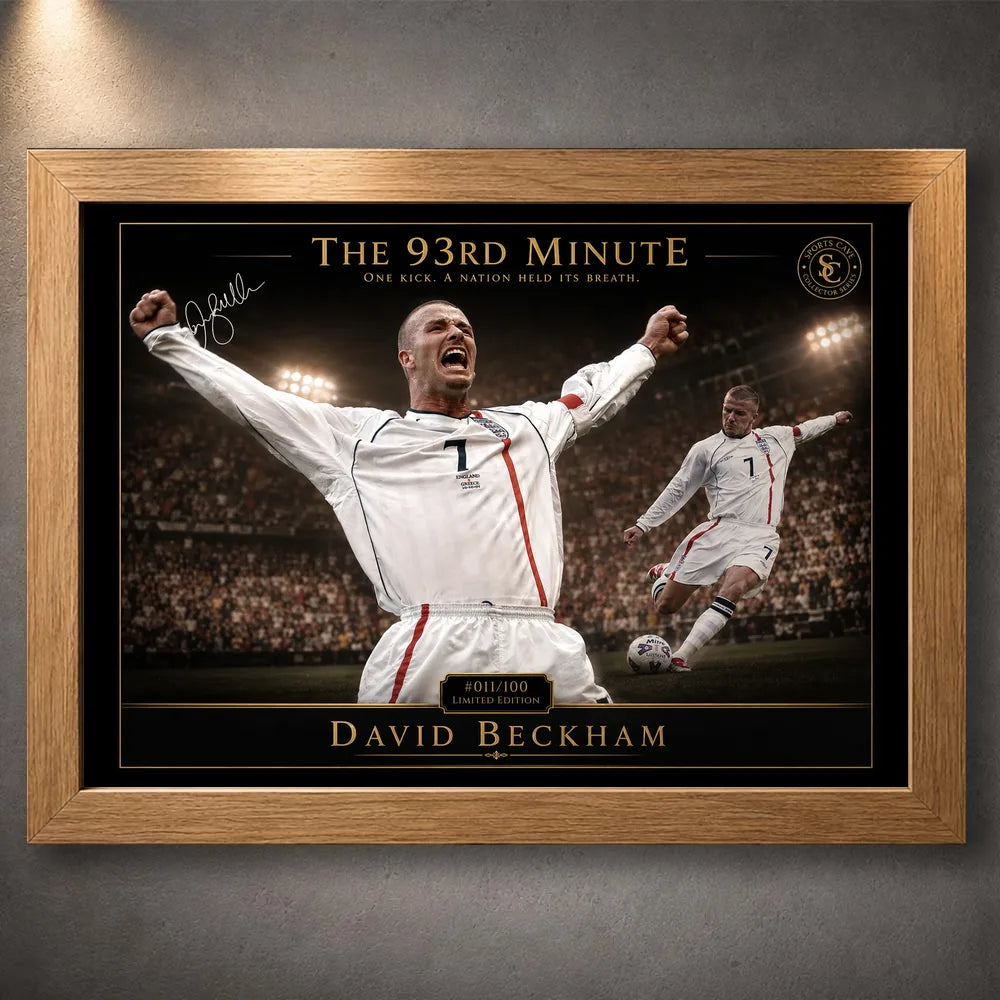 David Beckham 93rd Minute soccer wall art in an oak frame, featuring the England free-kick tribute.