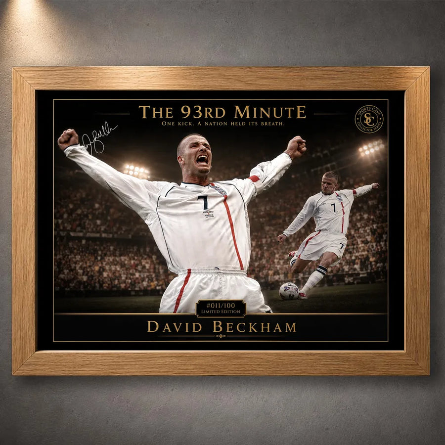 David Beckham 93rd Minute soccer wall art in an oak frame, featuring the England free-kick tribute.