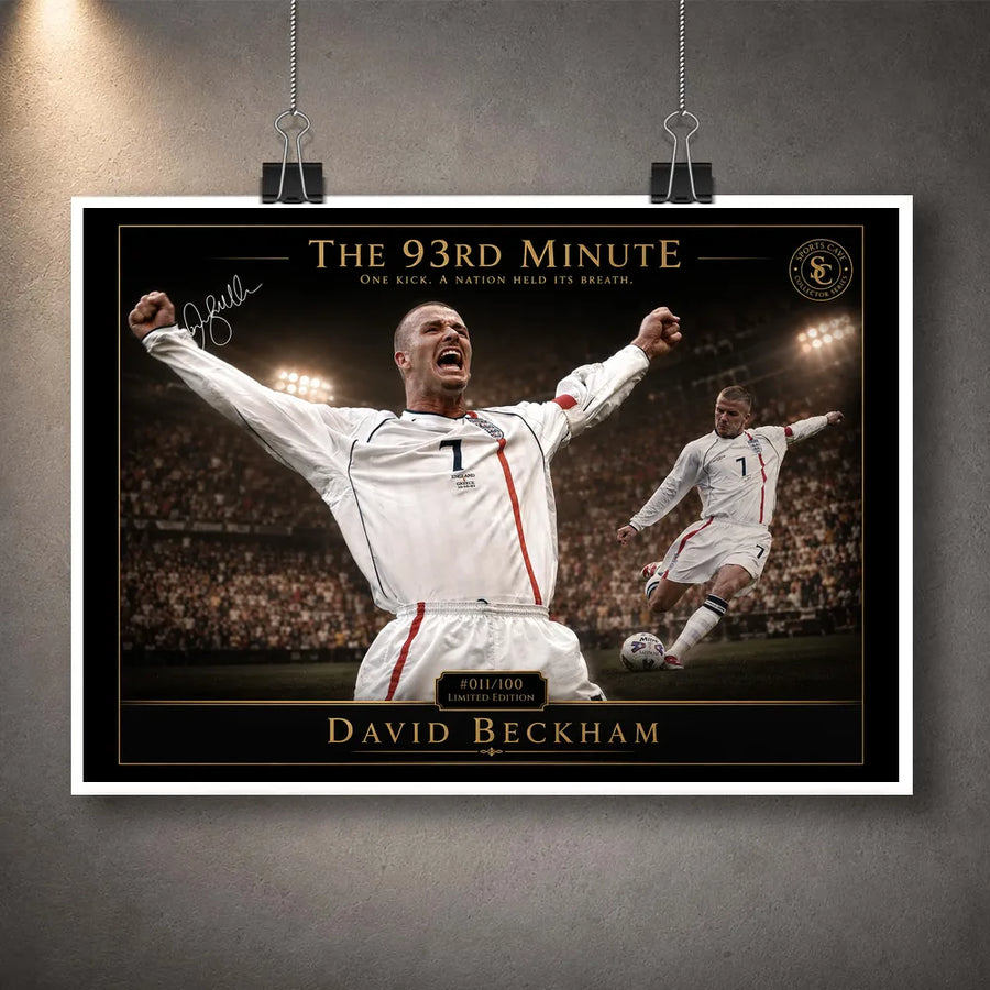David Beckham unframed soccer wall art print, designed around the 93rd Minute England moment.