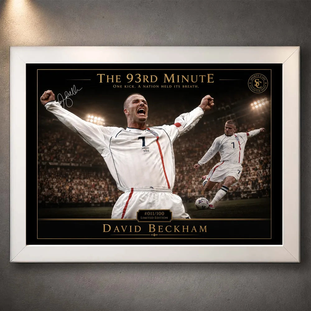 David Beckham 93rd Minute sports wall art in a white frame, showing the England free-kick moment.