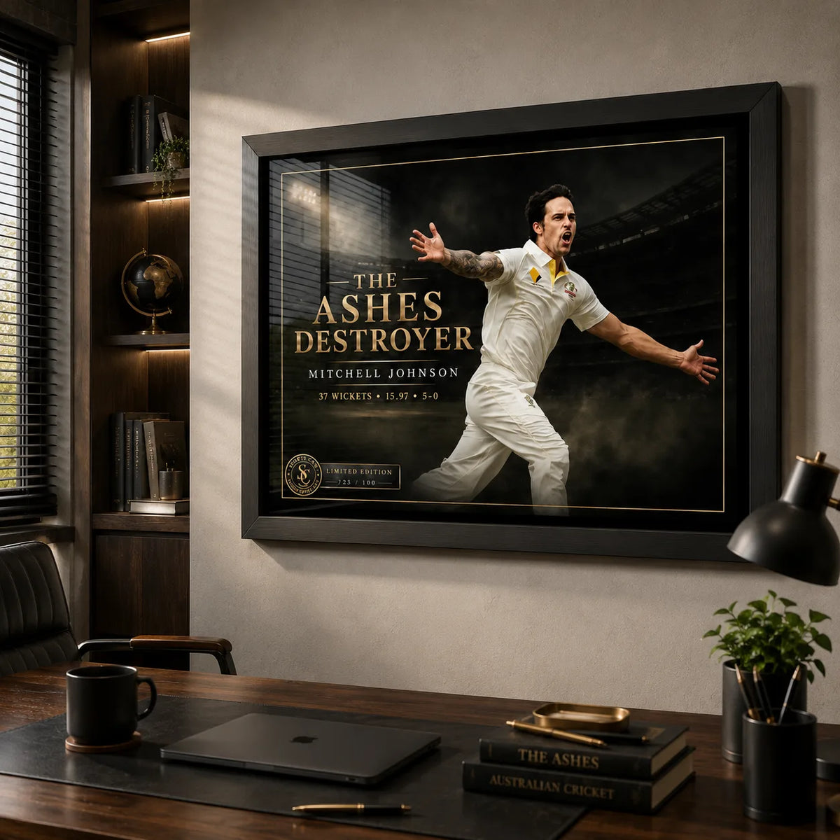 Mitchell Johnson cricket wall art displayed in a home office above a timber desk with dark shelving and warm lighting.
