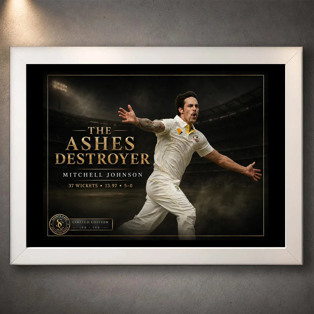 White framed Mitchell Johnson cricket wall art featuring The Ashes Destroyer design against a dark stadium background.