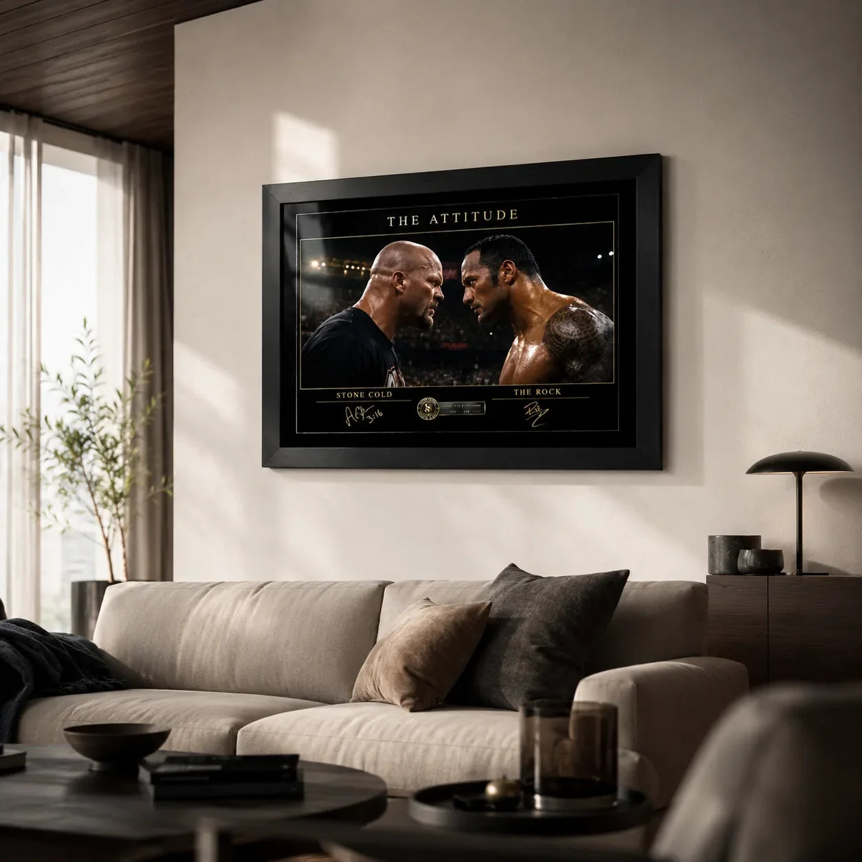 The Attitude Stone Cold vs The Rock framed wall art displayed above a neutral sofa in a bright contemporary living room.