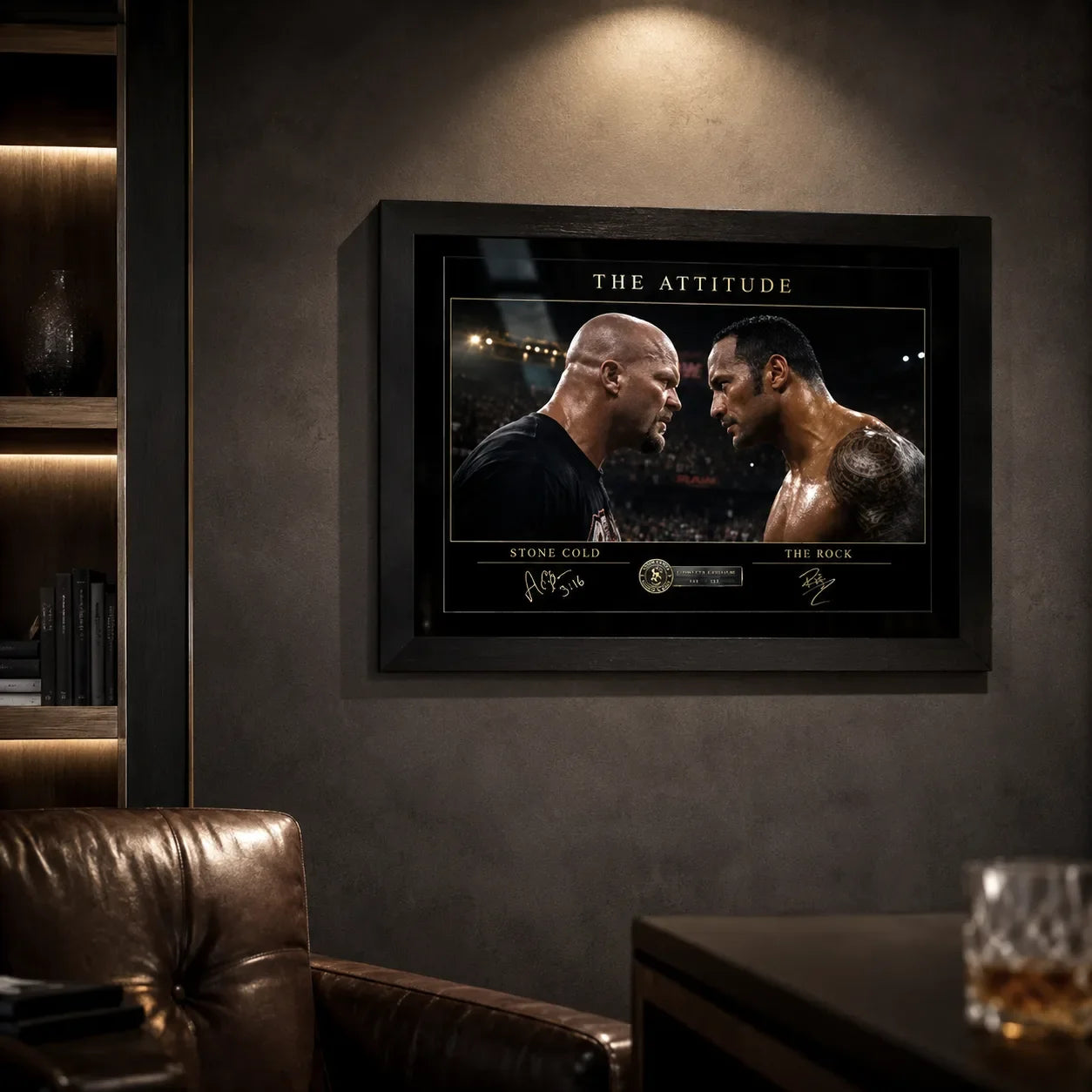 The Attitude Stone Cold vs The Rock framed wall art mounted on a dark feature wall in a premium leather-chair man cave.