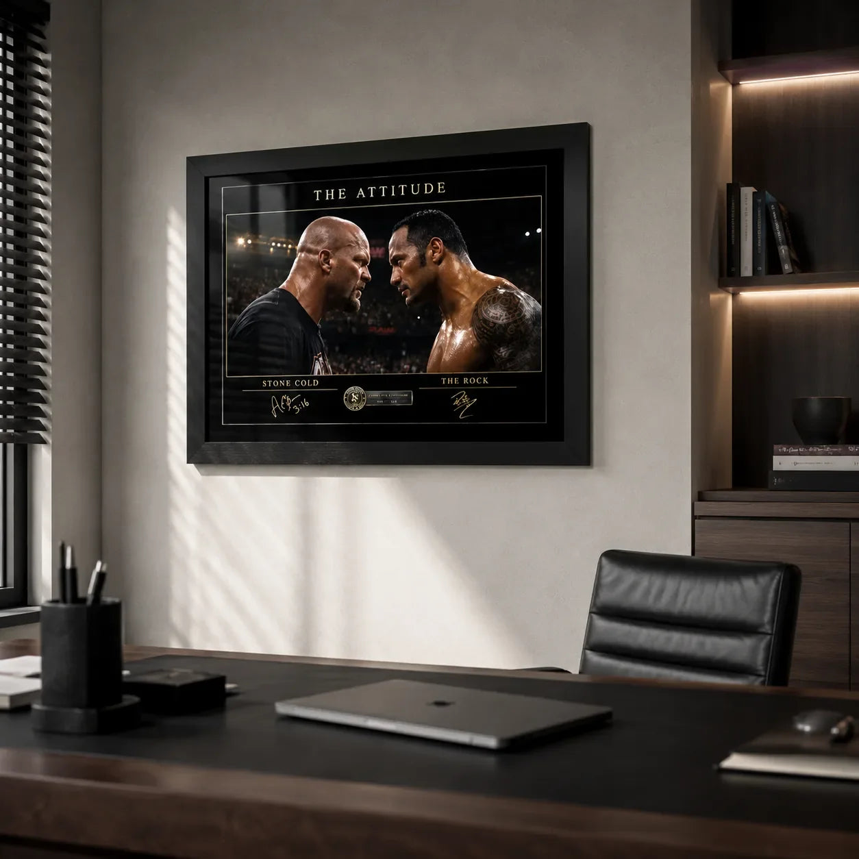 The Attitude Stone Cold vs The Rock framed wall art displayed on a light wall in a modern executive office setting.