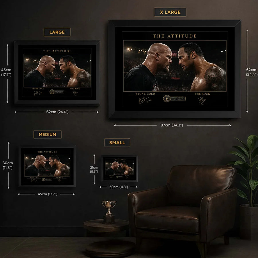 The Attitude Stone Cold vs The Rock wall art size guide showing the four framed dimensions from Small to X Large.