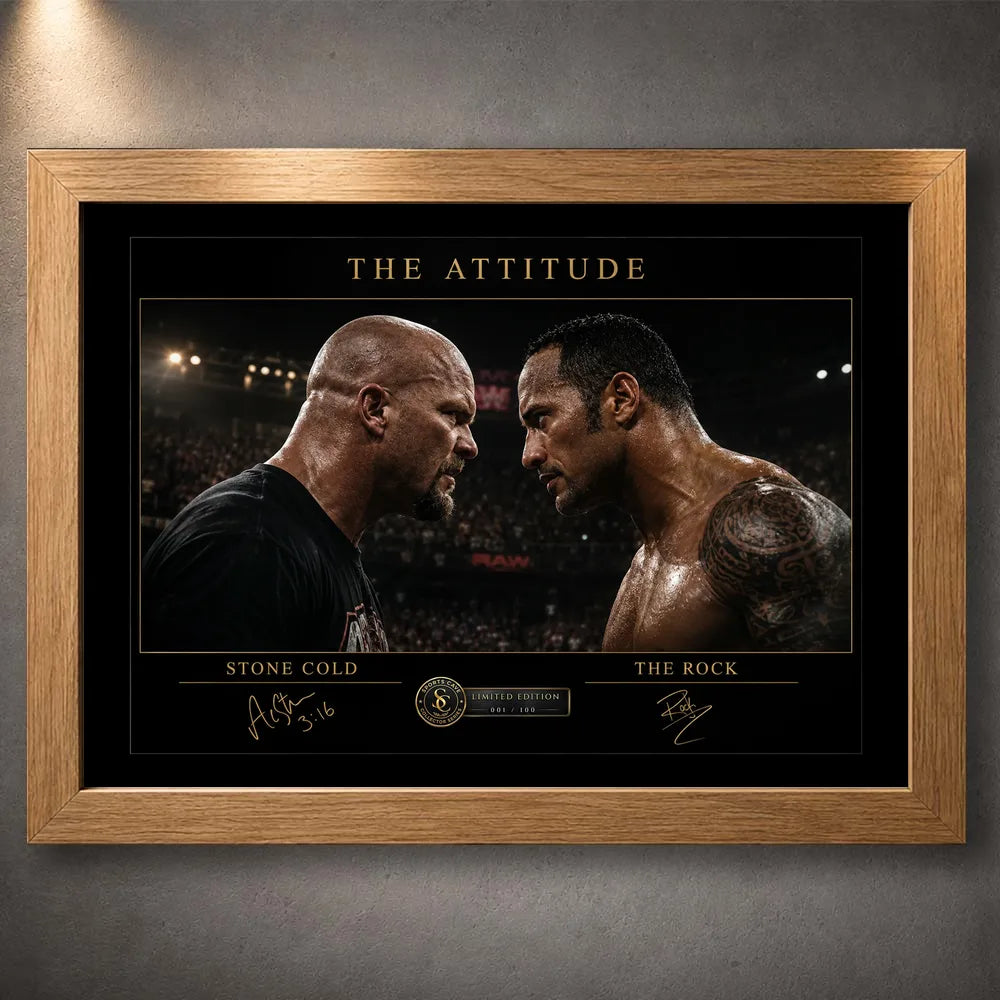 The Attitude Stone Cold vs The Rock wall art in an oak frame, featuring their face-to-face wrestling rivalry design.