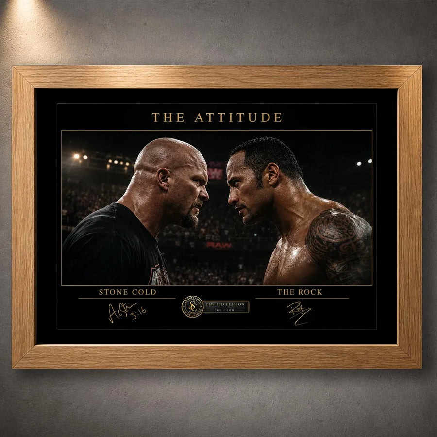 The Attitude Stone Cold vs The Rock wall art in an oak frame, featuring their face-to-face wrestling rivalry design.
