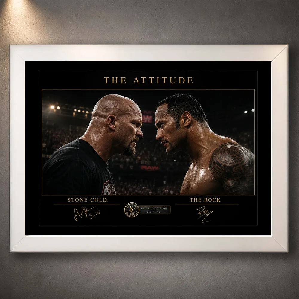 The Attitude Stone Cold vs The Rock wall art in a white frame, featuring their dramatic face-to-face wrestling design.