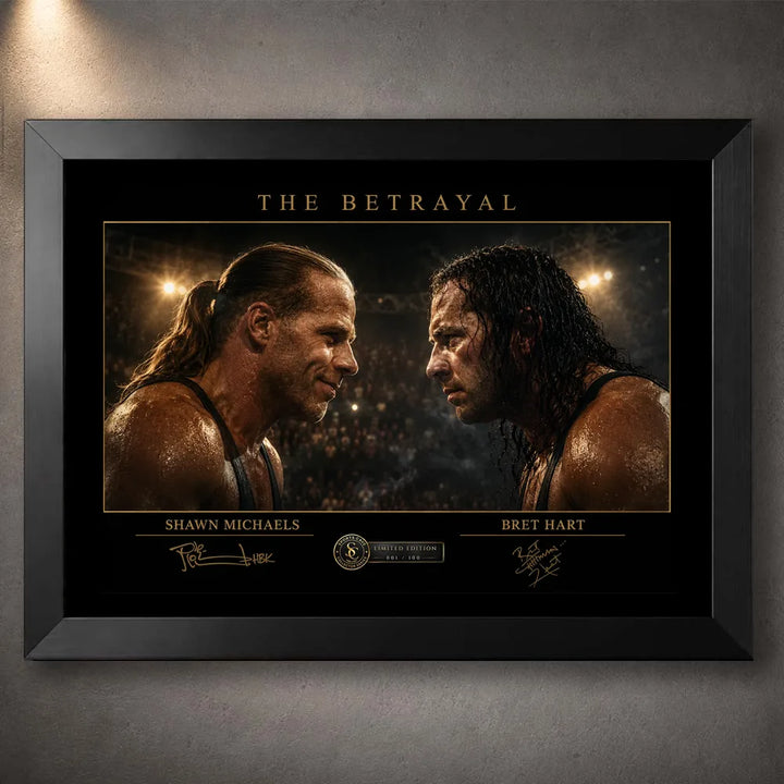 Black framed The Betrayal Shawn Michaels vs Bret Hart wrestling wall art with both rivals facing off beneath arena lights.