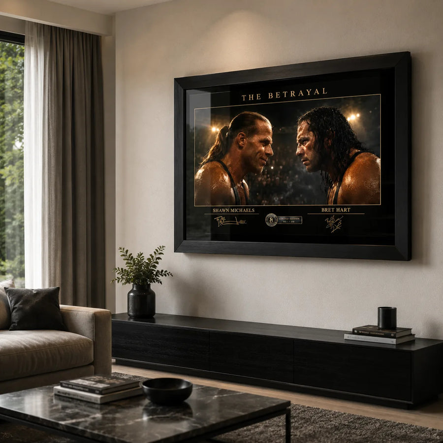 The Betrayal Shawn Michaels vs Bret Hart wrestling wall art displayed in a modern living room above a low black console.
