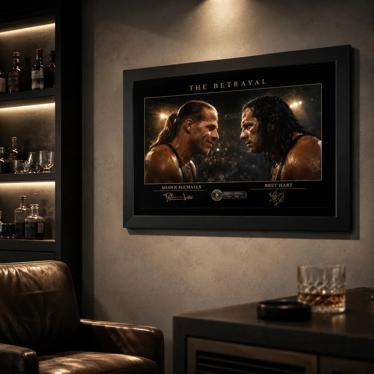 The Betrayal Shawn Michaels vs Bret Hart wall art displayed in a dark man cave beside a leather chair and drinks shelves.