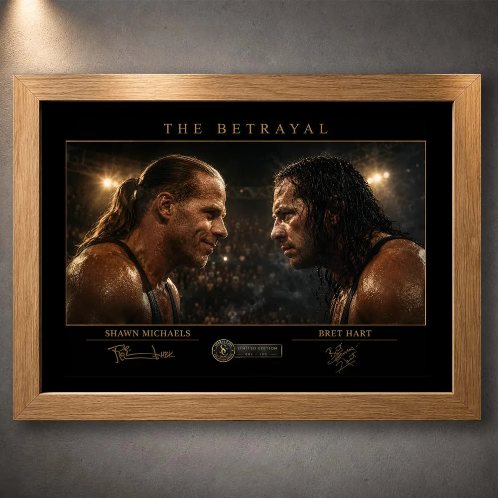 Oak framed The Betrayal Shawn Michaels vs Bret Hart wrestling wall art with both rivals facing off in a black and gold design.