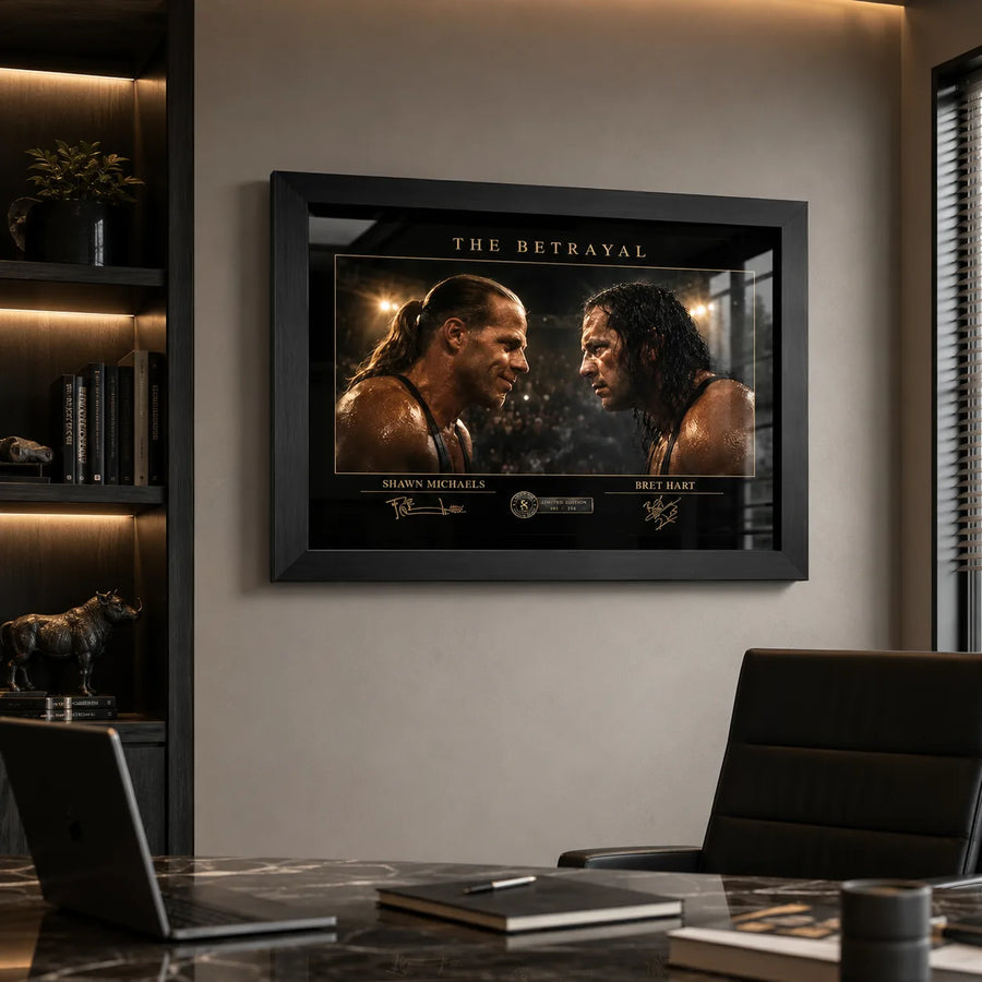 The Betrayal Shawn Michaels vs Bret Hart wrestling wall art displayed in a contemporary office above a marble desk.