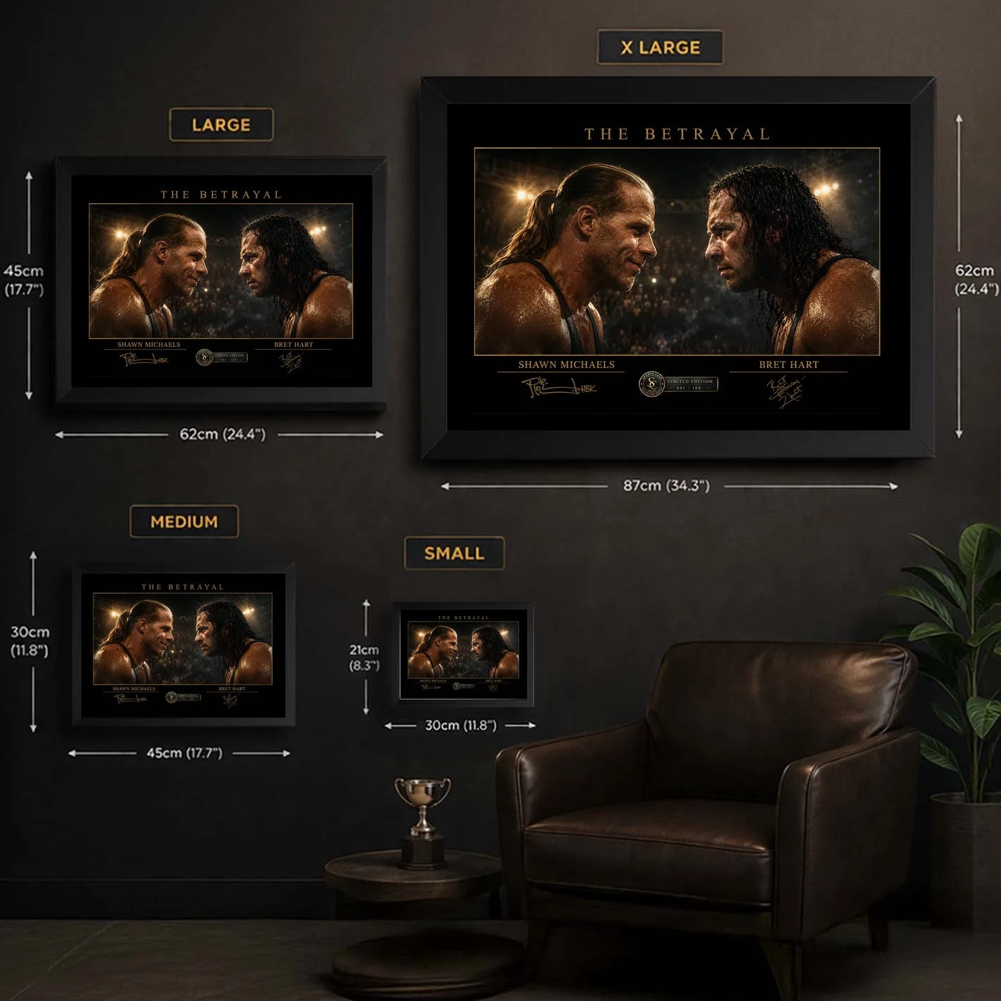 The Betrayal Shawn Michaels vs Bret Hart wall art size guide showing small, medium, large and extra-large framed dimensions.