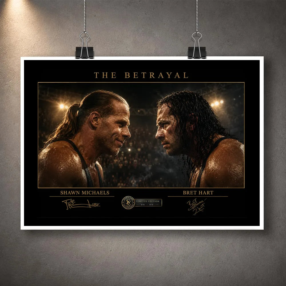 Unframed The Betrayal Shawn Michaels vs Bret Hart wrestling wall art print shown clipped against a textured grey wall.
