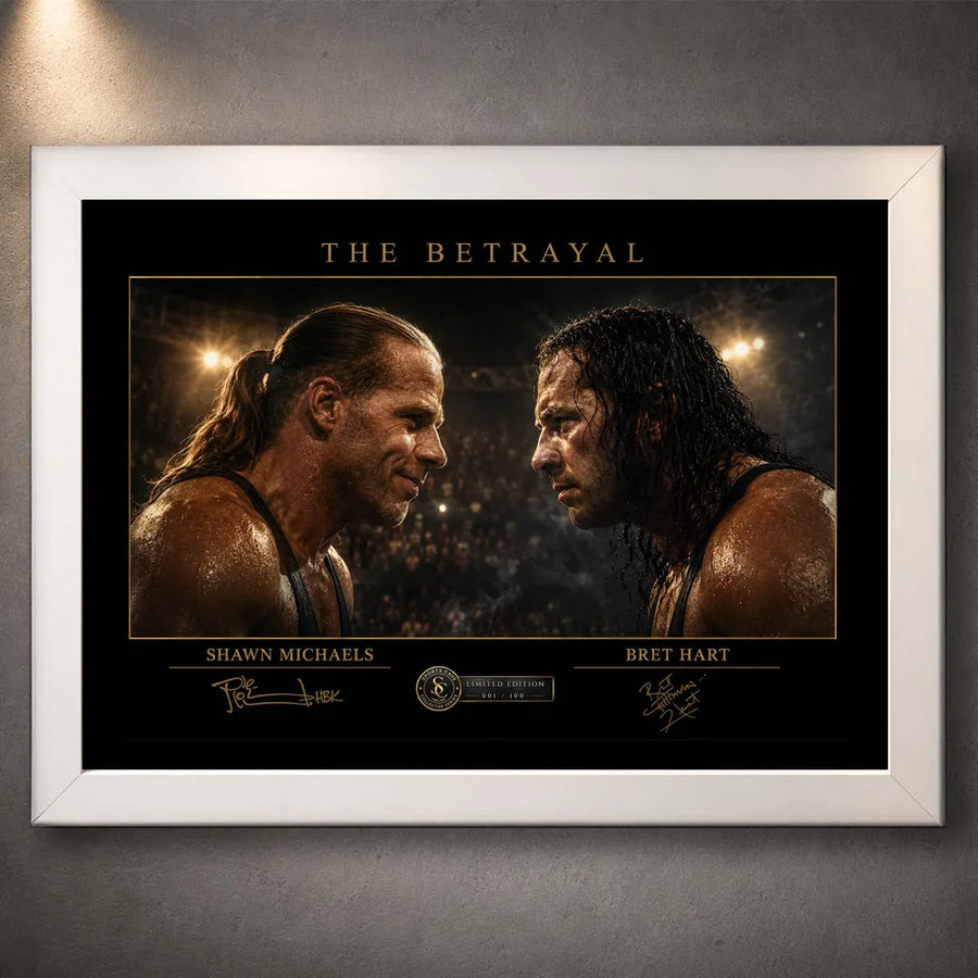 White framed The Betrayal Shawn Michaels vs Bret Hart wrestling wall art with both rivals facing off beneath arena lighting.