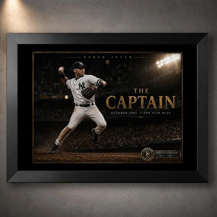 Derek Jeter The Captain baseball wall art in a black frame, featuring the October 2001 Flip Play under stadium lights.