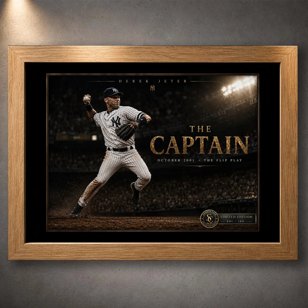 Derek Jeter The Captain baseball wall art shown in an oak frame with black matting and gold collector details.