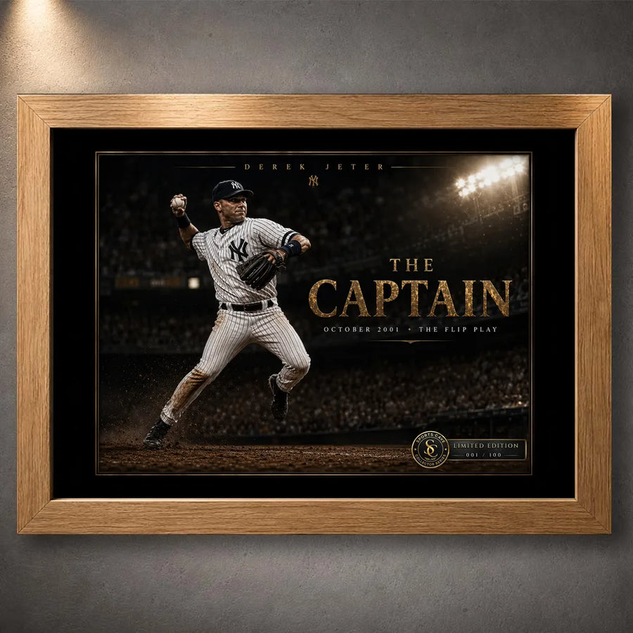 Derek Jeter The Captain baseball wall art shown in an oak frame with black matting and gold collector details.
