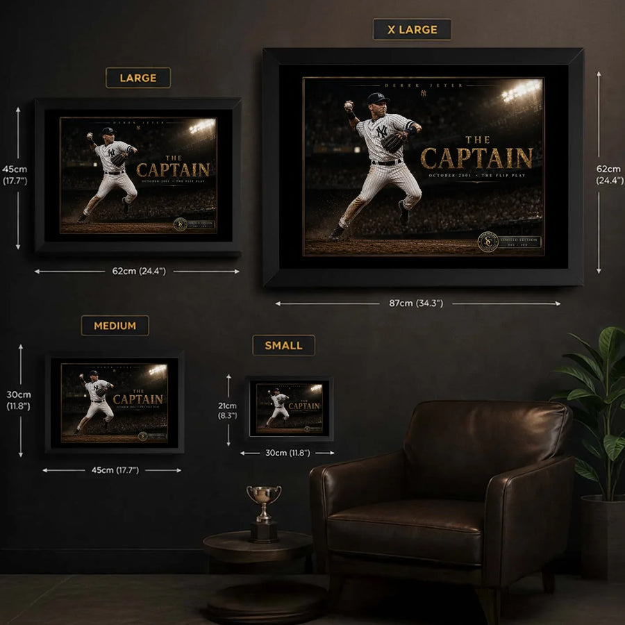 Derek Jeter The Captain framed baseball wall art size guide showing Small, Medium, Large and XL dimensions.