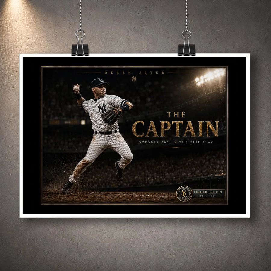 Unframed Derek Jeter The Captain baseball wall art featuring the October 2001 Flip Play in a dark collector design.