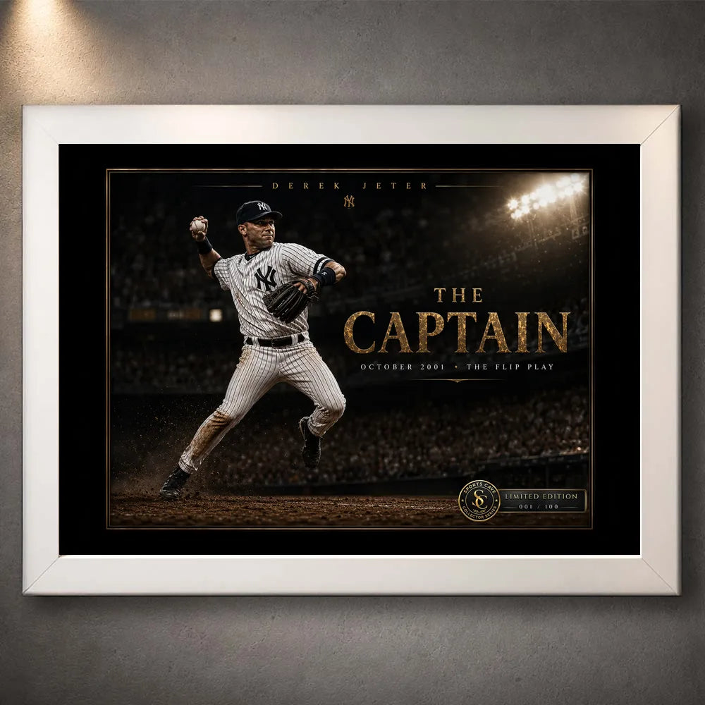 Derek Jeter The Captain baseball wall art shown in a white frame with black matting and gold collector details.
