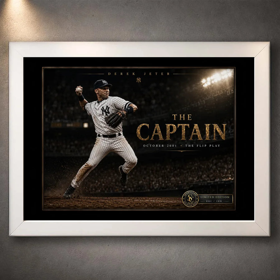 Derek Jeter The Captain baseball wall art shown in a white frame with black matting and gold collector details.