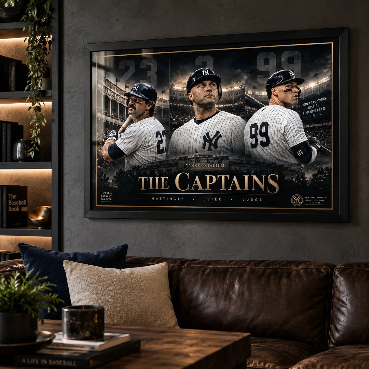 Mattingly, Jeter and Judge Yankees wall art displayed in a modern office with dark collector decor.