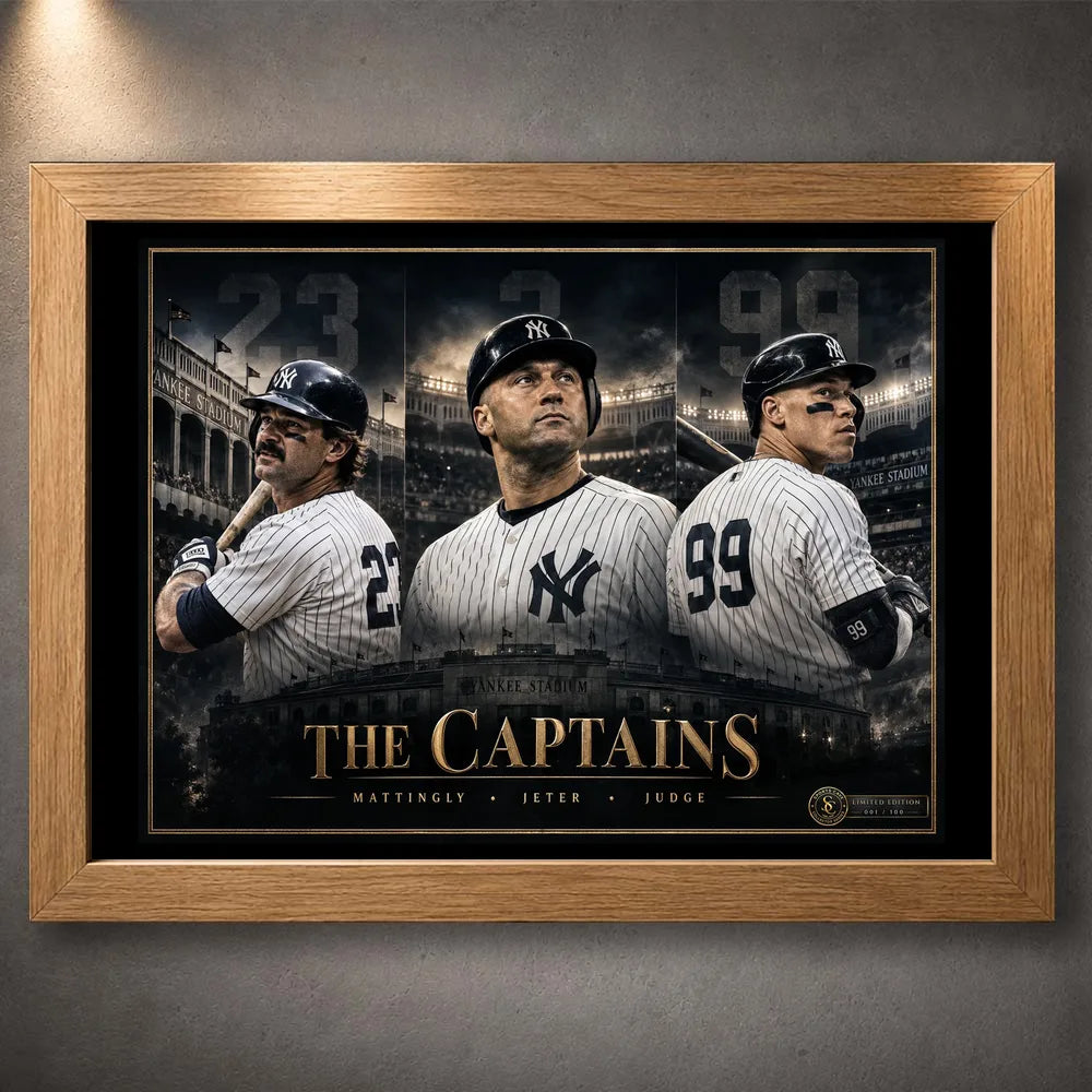 Oak framed Mattingly, Jeter and Judge Yankees wall art featuring The Captains collector design.