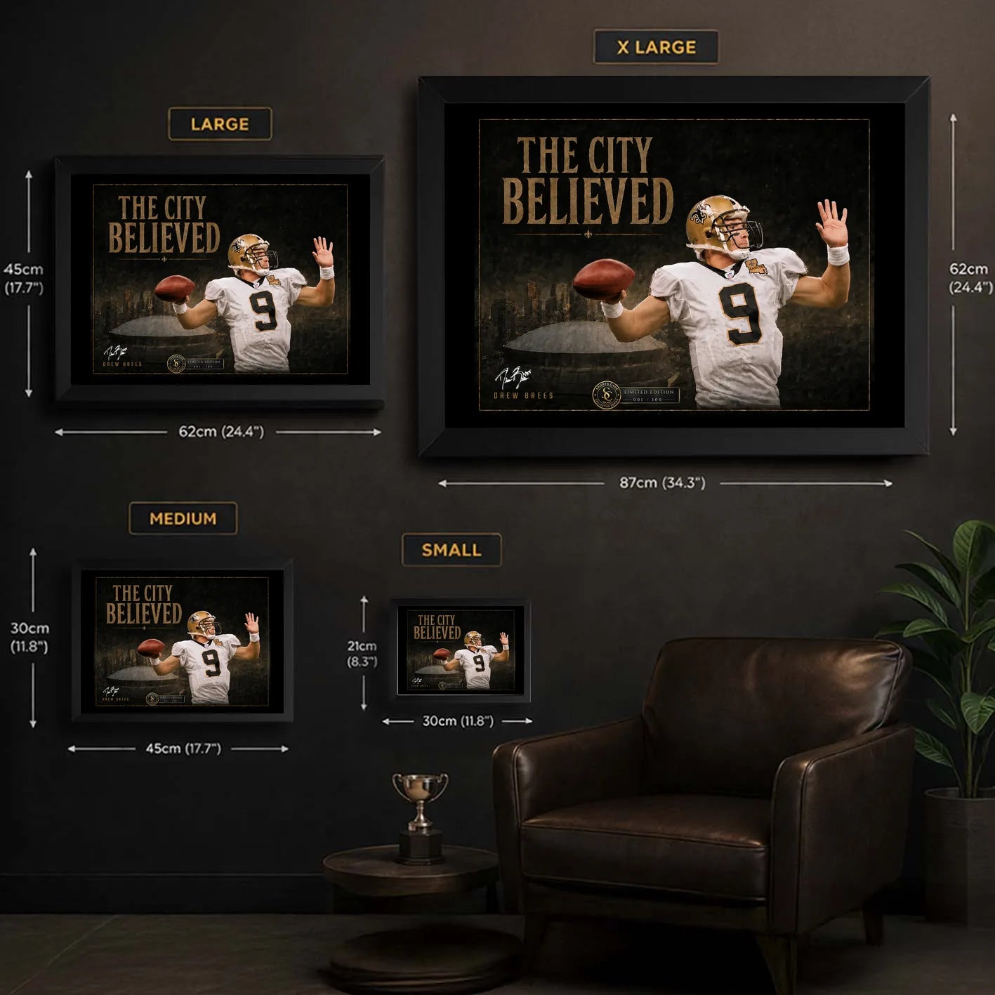 The City Believed NFL wall art size guide showing framed Small, Medium, Large and X Large dimensions in centimetres and inches.