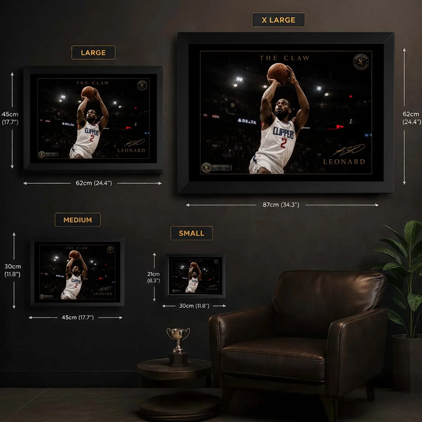 Kawhi Leonard The Claw framed basketball wall art size guide showing small, medium, large and extra large dimensions.