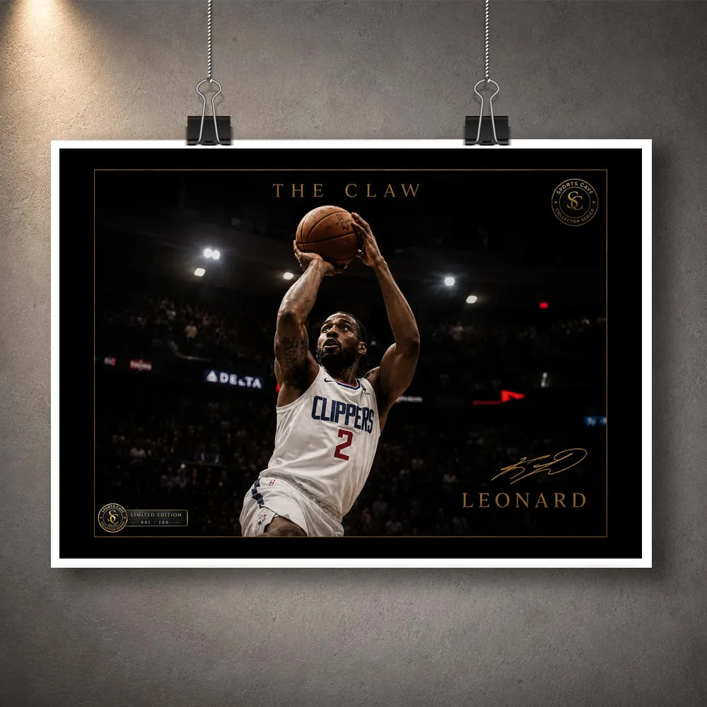 Kawhi Leonard The Claw unframed basketball wall art print, shown hanging with clips against a textured dark grey wall.