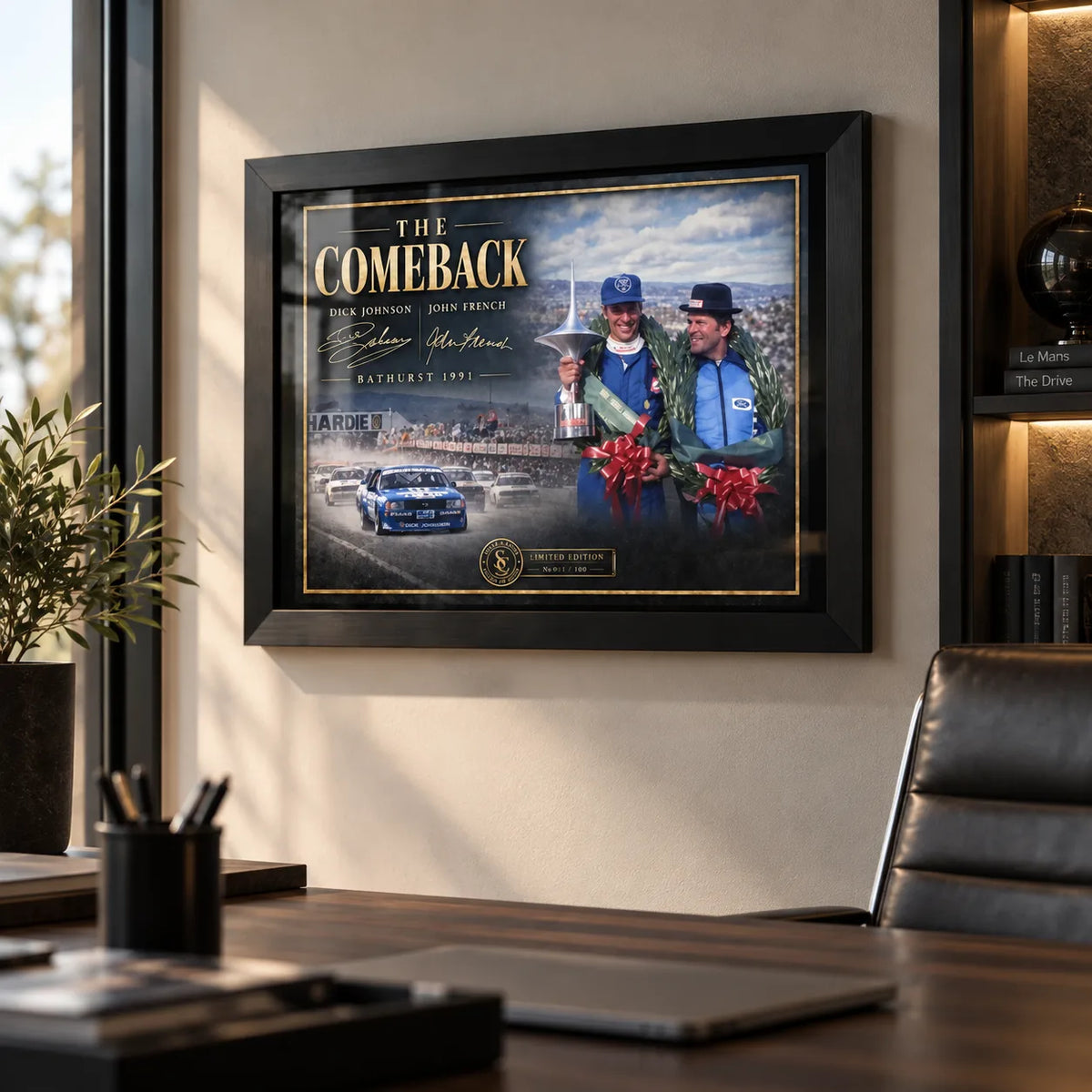 Dick Johnson and John French motorsport wall art displayed in a modern office with a black frame.