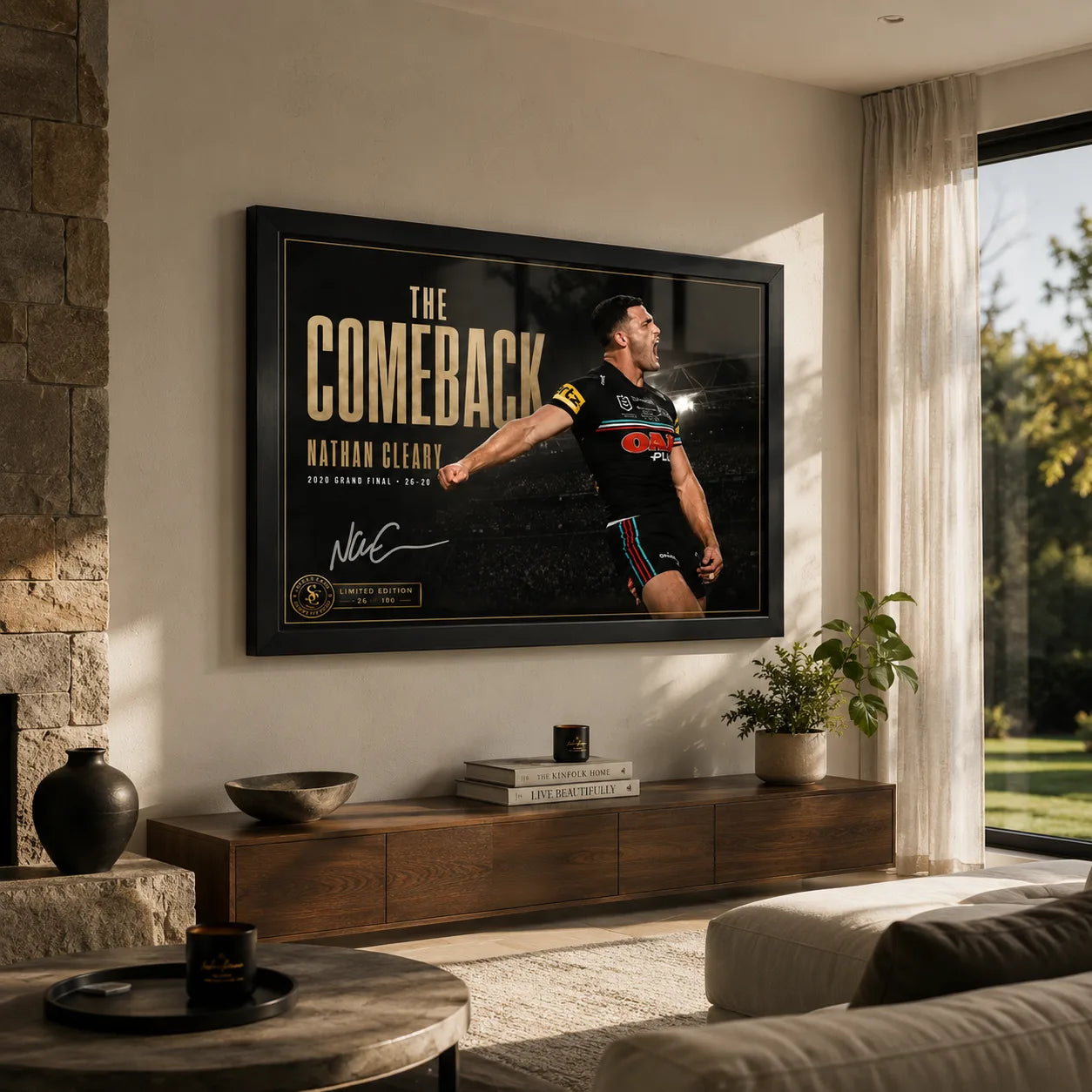 Nathan Cleary wall art displayed in a warm living room setting with the black framed The Comeback design above a timber console.