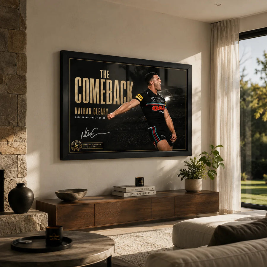 Nathan Cleary wall art displayed in a warm living room setting with the black framed The Comeback design above a timber console.