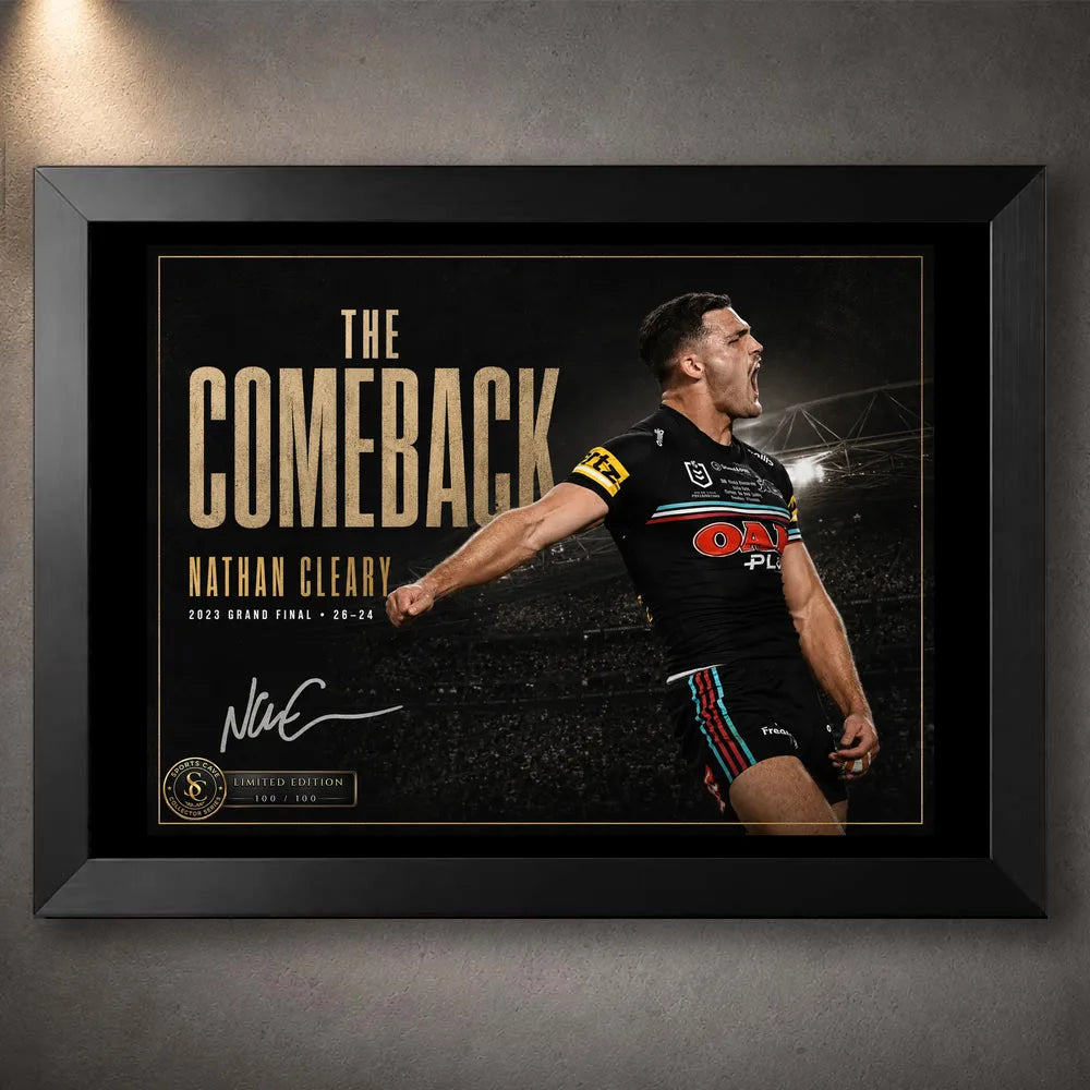 Black framed Nathan Cleary wall art featuring The Comeback 2023 Grand Final design in a dark collector-style presentation.