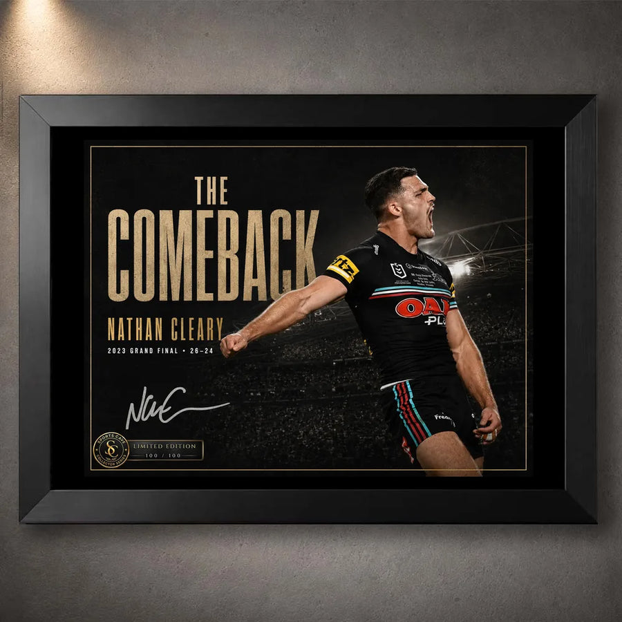 Black framed Nathan Cleary wall art featuring The Comeback 2023 Grand Final design in a dark collector-style presentation.